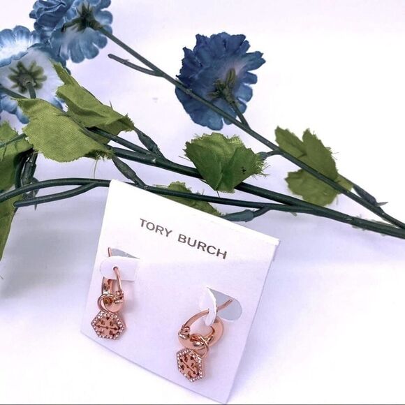 NWOT Tory Burch Octagon Rose Gold Pave Hoop Drop Hoop Earirng - Picture 5 of 7